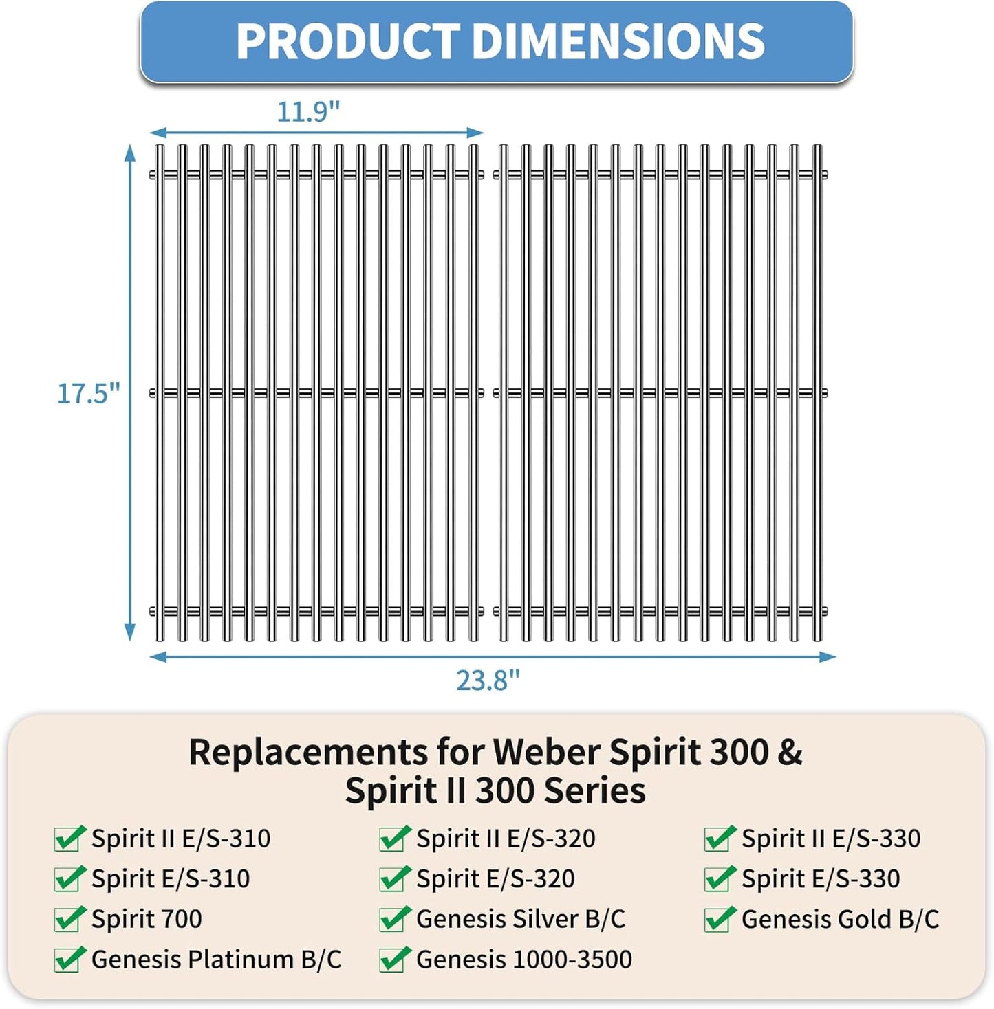 17.5" SUS304 9mm Cooking Grid for Weber Spirit Grill Grates