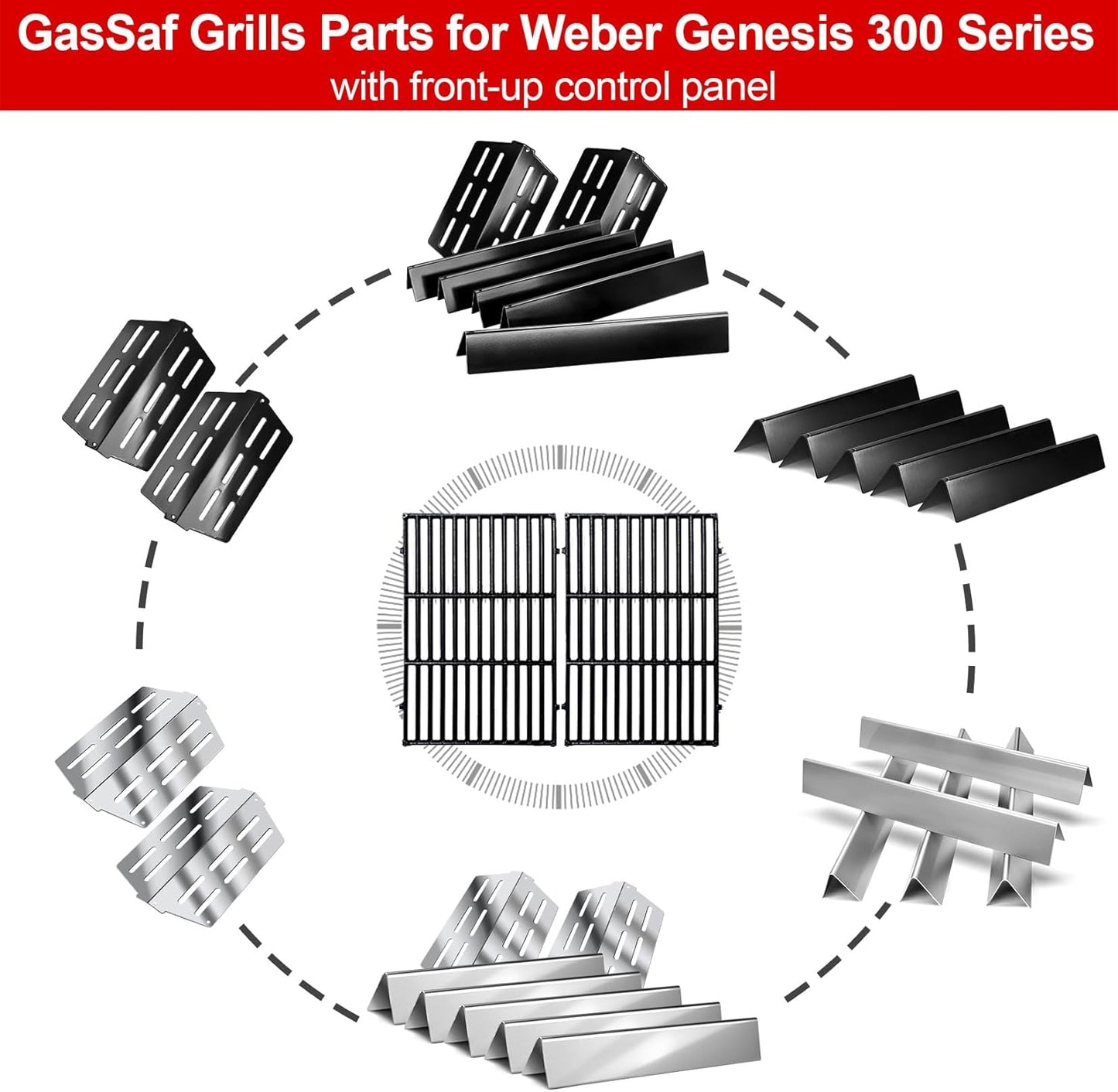 7620 7622 62752 Grill Replacement Parts for Weber Genesis 300(Front-Knob), 17.5 Flavorizer Bars, 19.5 Burners Tube, 13 1/4 Heat Plate Deflectors for Genesis E310 E320 E330 S310 S320 S330 Grills