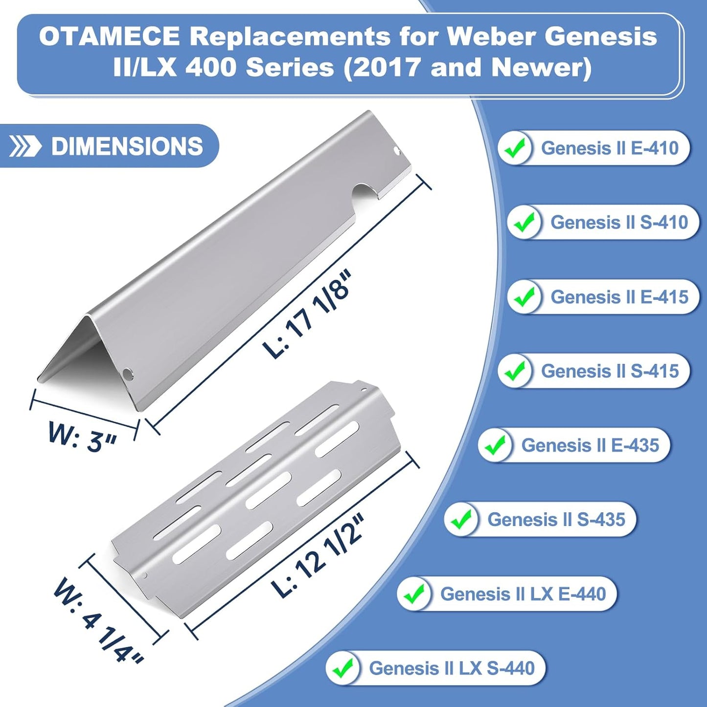 Stainless Steel Flavorizer Bars and Grill Heat Deflectors for Weber Genesis II Grill Parts, E-410, E-415, E-435, Genesis II LX E-440 Series Gas Grills, 17" Heat Plate for Weber 66686 66041