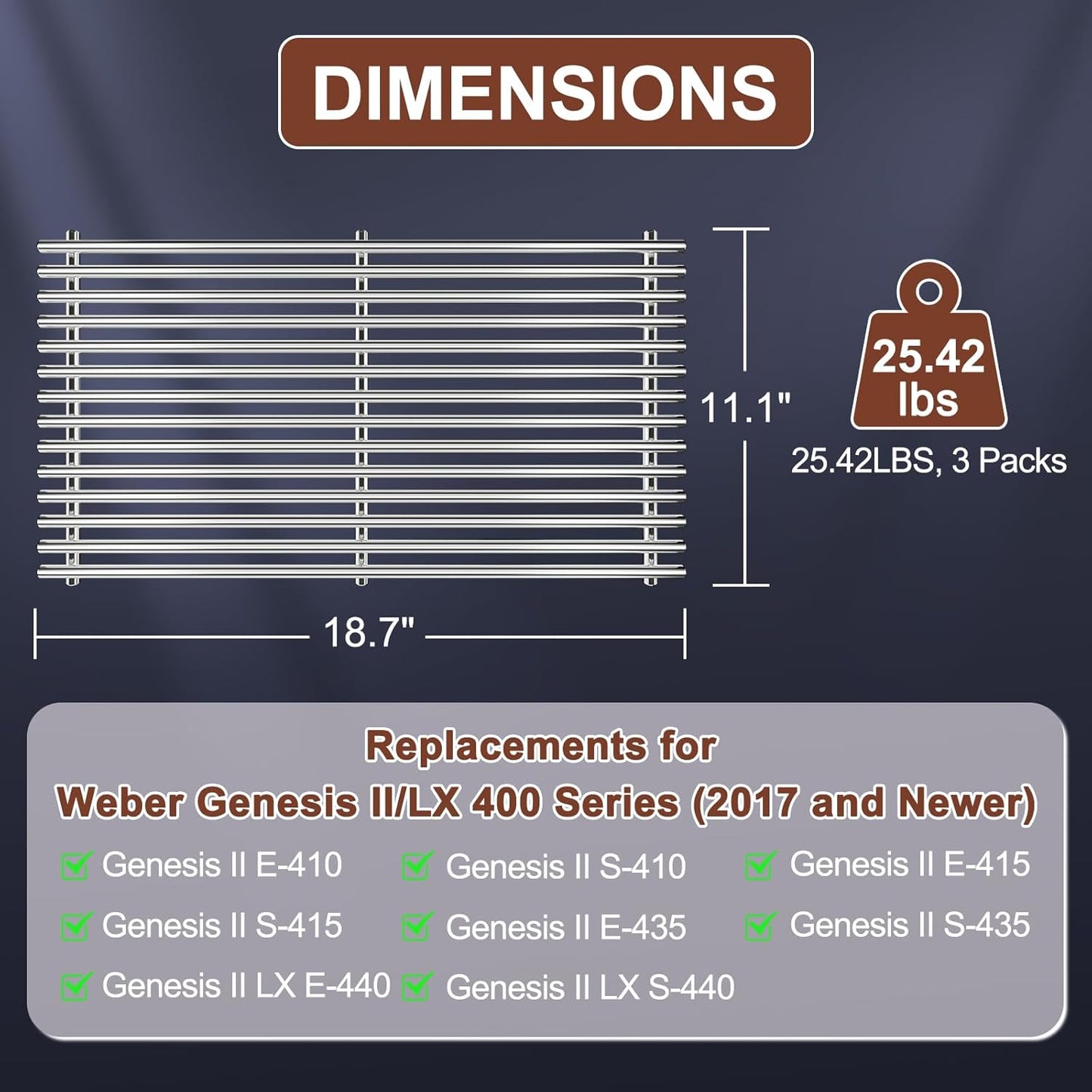 SUS304 9MM Cooking Grates for Weber Genesis GS4 Genesis II E-410, E-415, E-435, Genesis II LX E-440 Series Gas Grills, 304 Stainless Steel Grill Grates for Weber 66089 66097