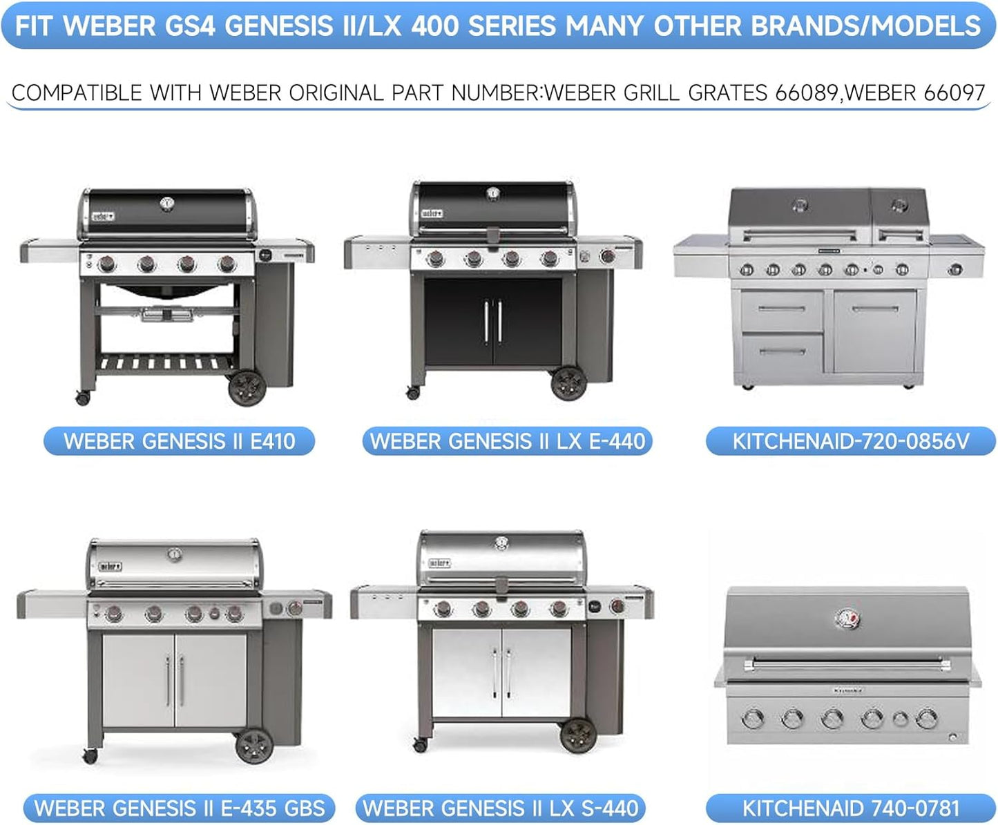 3Pack Stainless Steel Replacement Grill Parts for for Weber Genesis 2 GS4 Grates 66089 66097 LX 400 SER GBS S-435, Weber Genesis II E-410, E-435, S-435, SE-410, Kitchen-aid 720-0856V 740-0781