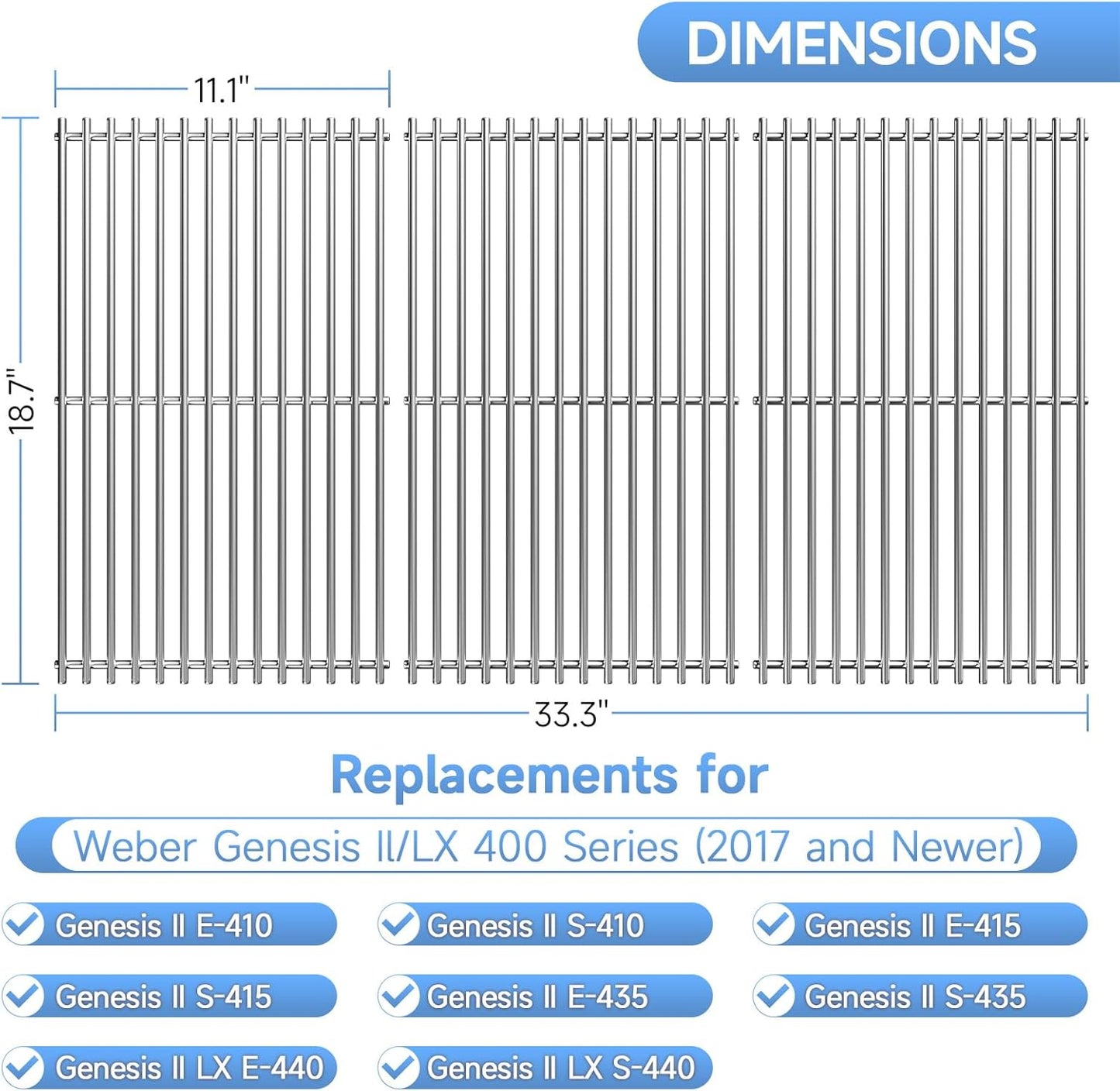 3Pack Stainless Steel Replacement Grill Parts for for Weber Genesis 2 GS4 Grates 66089 66097 LX 400 SER GBS S-435, Weber Genesis II E-410, E-435, S-435, SE-410, Kitchen-aid 720-0856V 740-0781