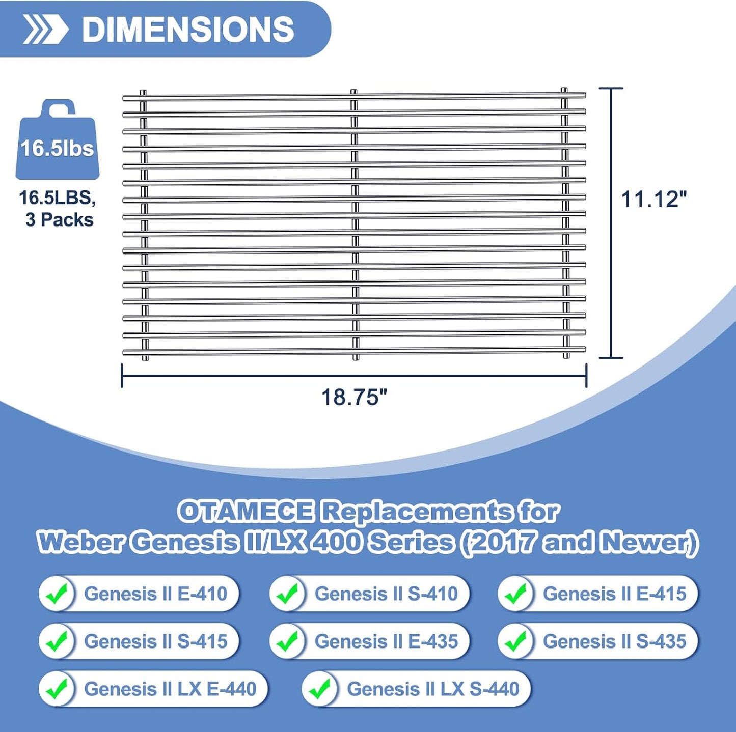 66089 Grill Grates 66796 Flavorizer Bars Heat Deflectors for Weber Genesis 2 Grill Parts E-410, S-410, Replacement Parts for Genesis II LX E-440, S-440,Stainless Steel Heat Plate Deflectors