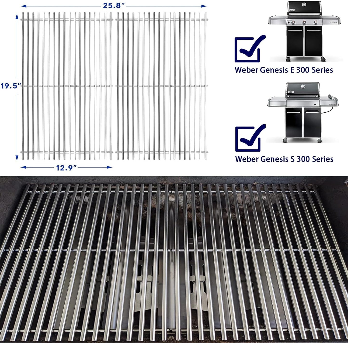Grill Grates for Weber Genesis 300 Series, Cooking Grates Grill Parts for Weber Genesis E310 E320 E330 S310 S320 S330, 19.5" Stainless Steel BBQ Grids Replacement for Weber 7528/7524 Cast Iron Grate