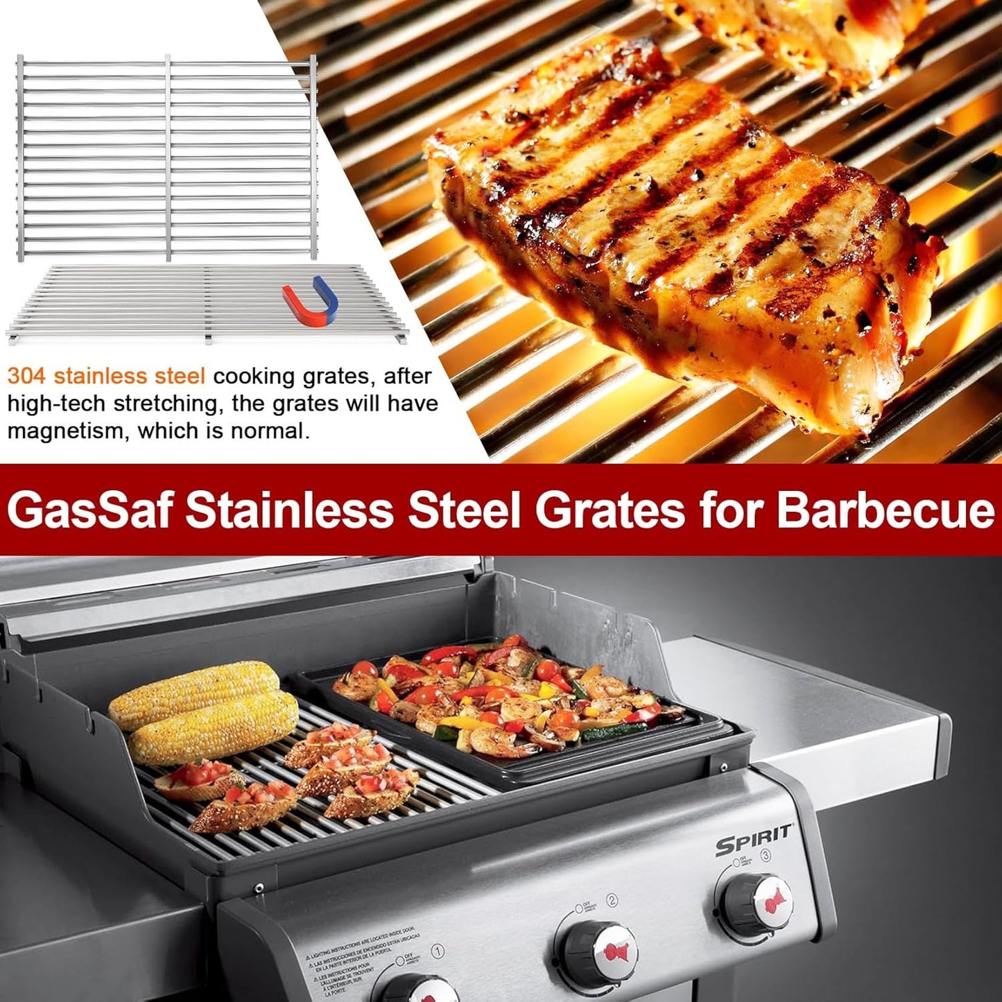 304SS Grill Grates 17.5 for Weber Spirit 300 and GS4 II 300, Cooking Grates 7638 for Genesis Silver/Gold/Platinum B & C, Genesis 1000-3500, Spirit 700, Weber 900, Grill Parts 7639 65906 7525