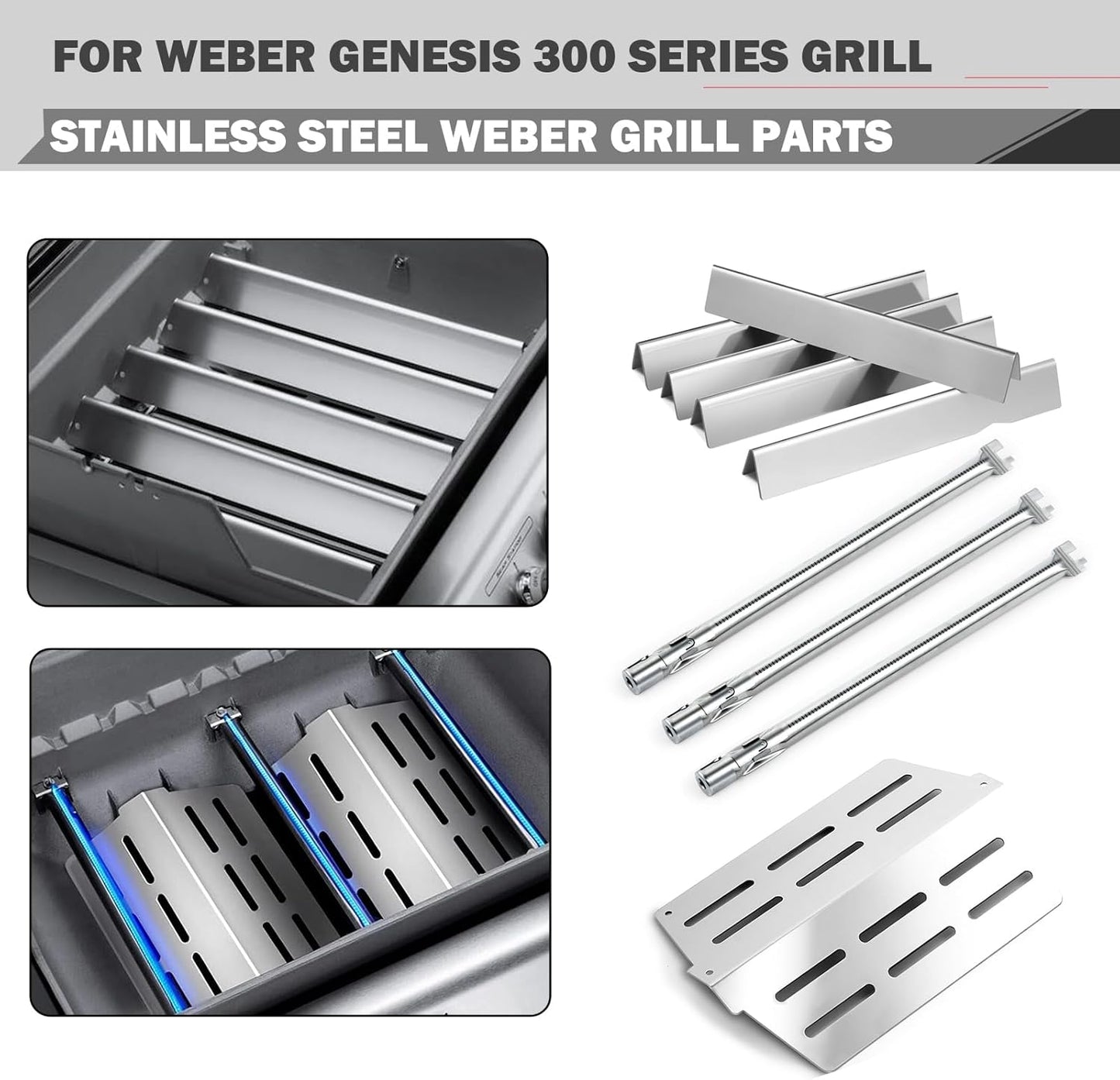 Genesis 300 Grill Replacement Parts 7620 Flavorizer Bars 65505 Heat Deflector 62752 Burner Tube for Weber Genesis Grill Parts E-310 E-320 E-330 S-330 Grill Replacement Parts Sear Burner Flavor Bars