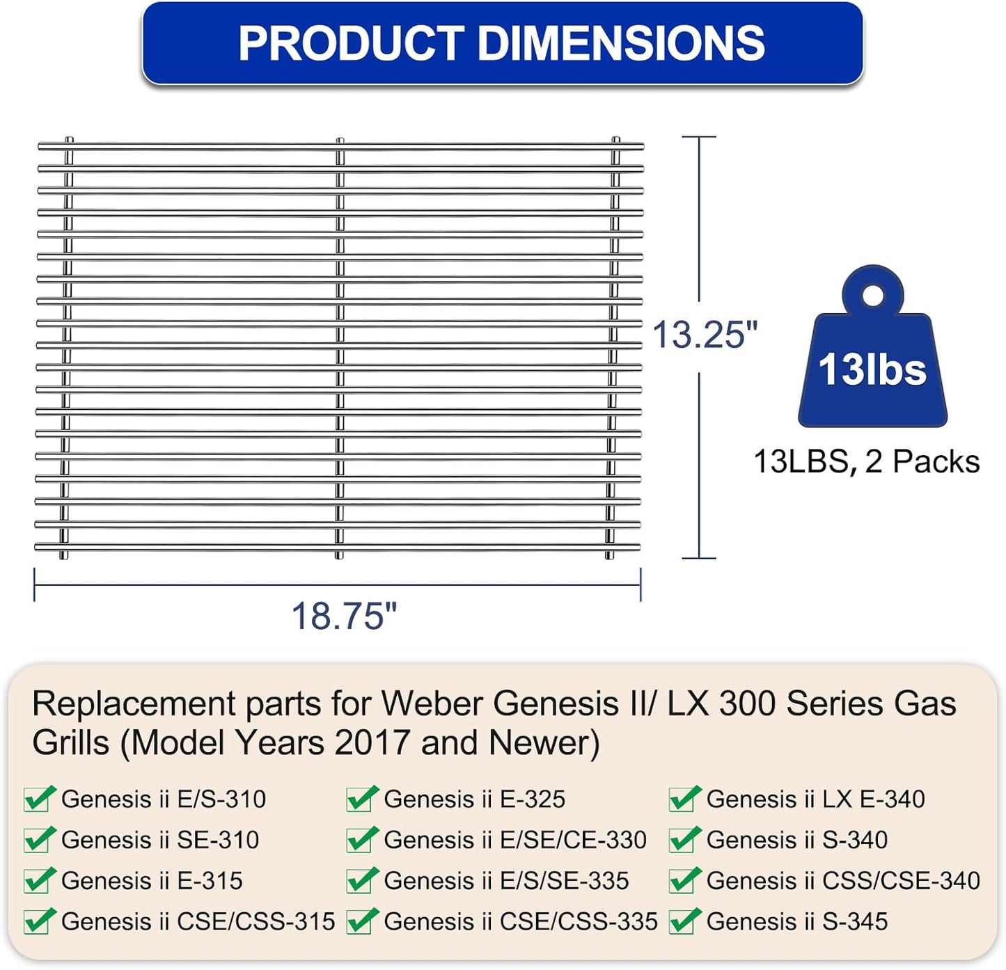 66095 66802 Grill Grates Replacement Parts for Weber Genesis II 300 and Genesis II LX 300 Series Gas Grills,18.75" Cooking Grid for Weber 61000001 66014001 Grill grates