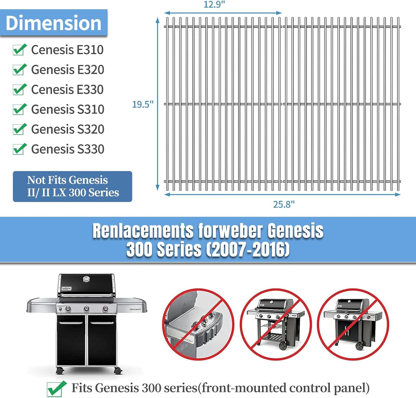 7528(2-Pack) 19 1/2" 9mm Stainless Steel Cooking Grates Parts for Weber Genesis E-310 E-320 E-330 S-310 S-320 S-330 EP-320 ESP-310 ESP-320 Gas Grills,DCS and Uniflame Gas Grill Models
