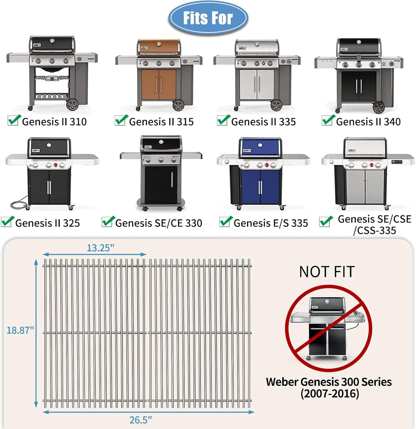 18 7/8" SUS304 9mm Cooking Grates for Weber Genesis II Grill Parts E&S 310 315 320 325 340, 2 Pack 66095 Grill Parts for Weber Grill Grate Genesis II LX 300 Series