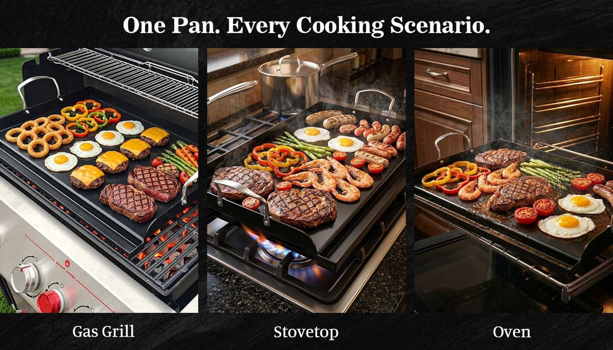 topgrillparts 25x16 nanoceramic cast iron griddle - cooking in use