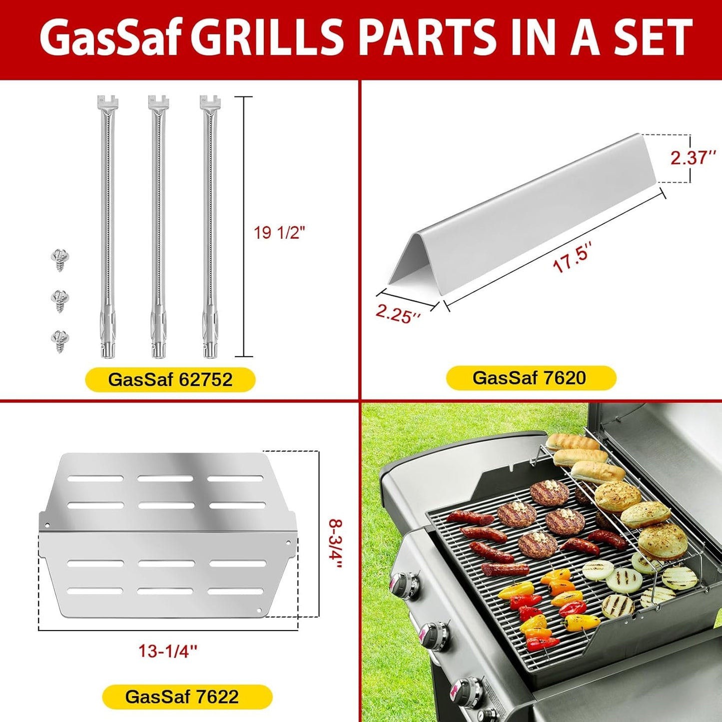 7620 7622 62752 Grill Replacement Parts for Weber Genesis 300(Front-Knob), 17.5 Flavorizer Bars, 19.5 Burners Tube, 13 1/4 Heat Plate Deflectors for Genesis E310 E320 E330 S310 S320 S330 Grills