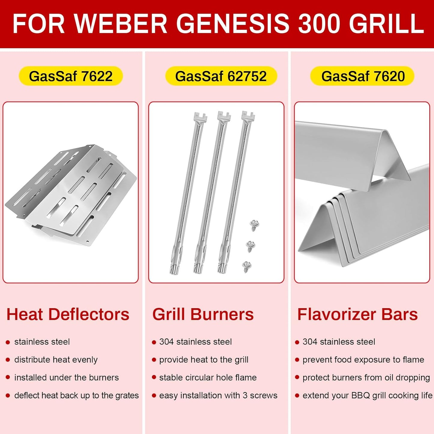 7620 7622 62752 Grill Replacement Parts for Weber Genesis 300(Front-Knob), 17.5 Flavorizer Bars, 19.5 Burners Tube, 13 1/4 Heat Plate Deflectors for Genesis E310 E320 E330 S310 S320 S330 Grills