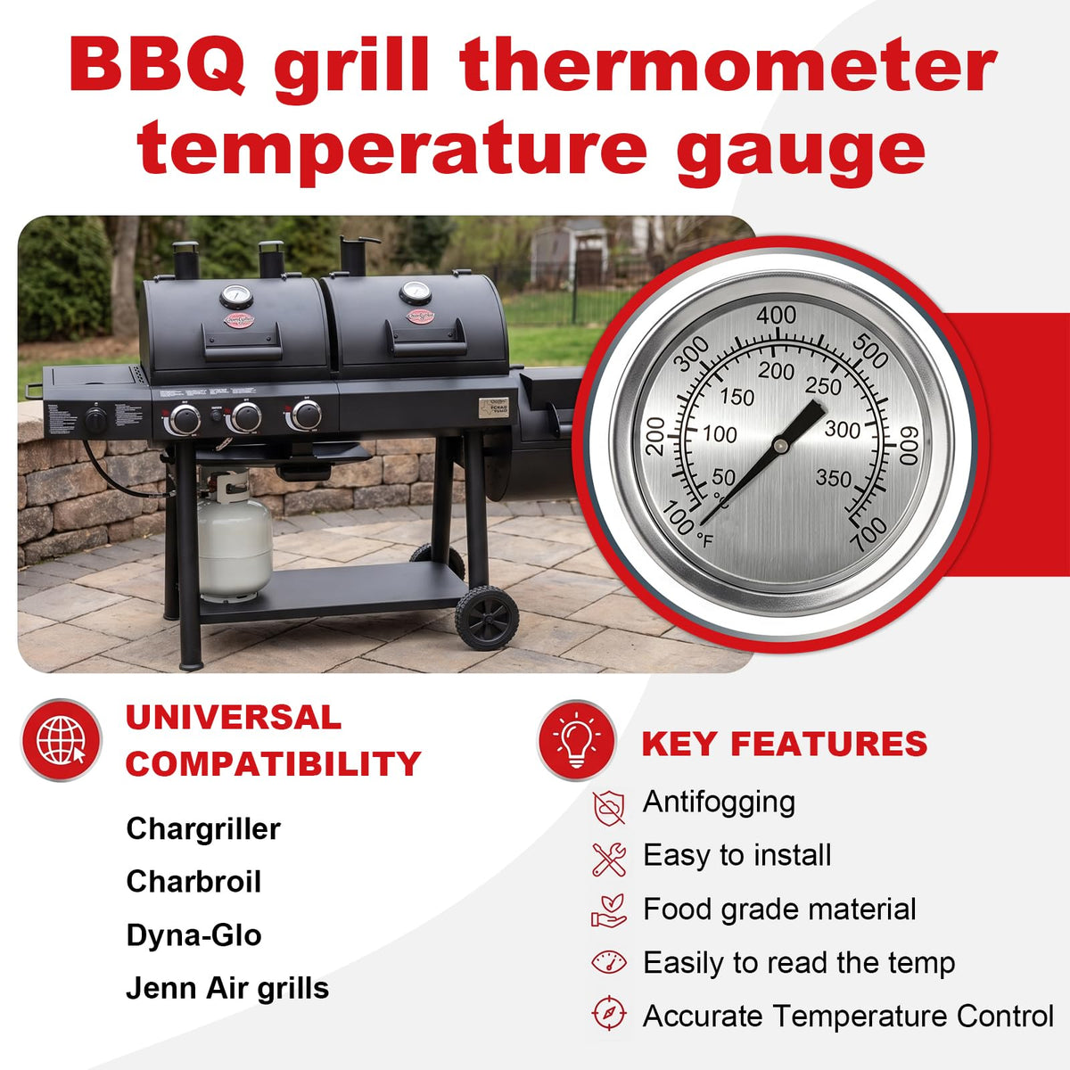 2" Grill Thermometer Temperature Gauge Replacement for Chargriller 5050 5650