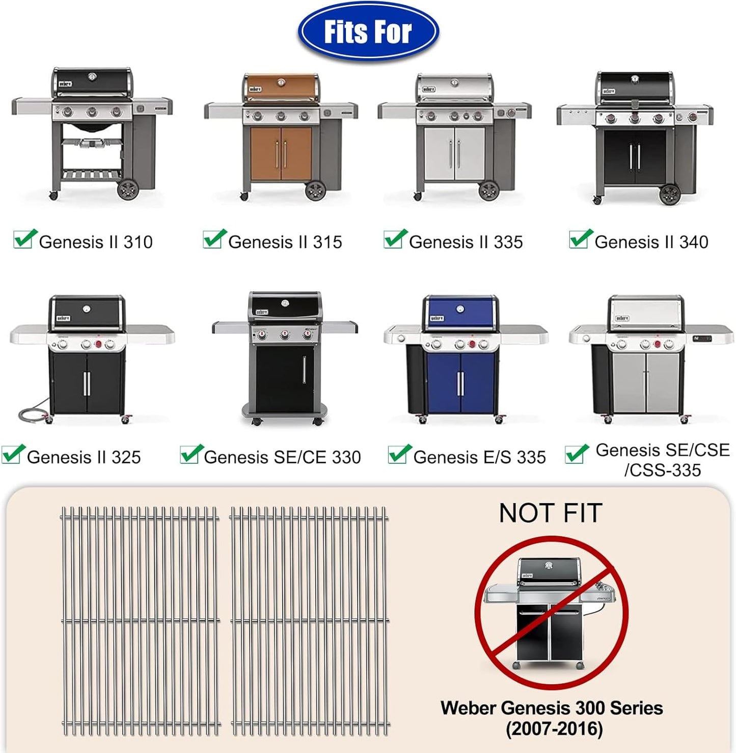 66095 66802 Grill Grates Replacement Parts for Weber Genesis II 300 and Genesis II LX 300 Series Gas Grills,18.75" Cooking Grid for Weber 61000001 66014001 Grill grates