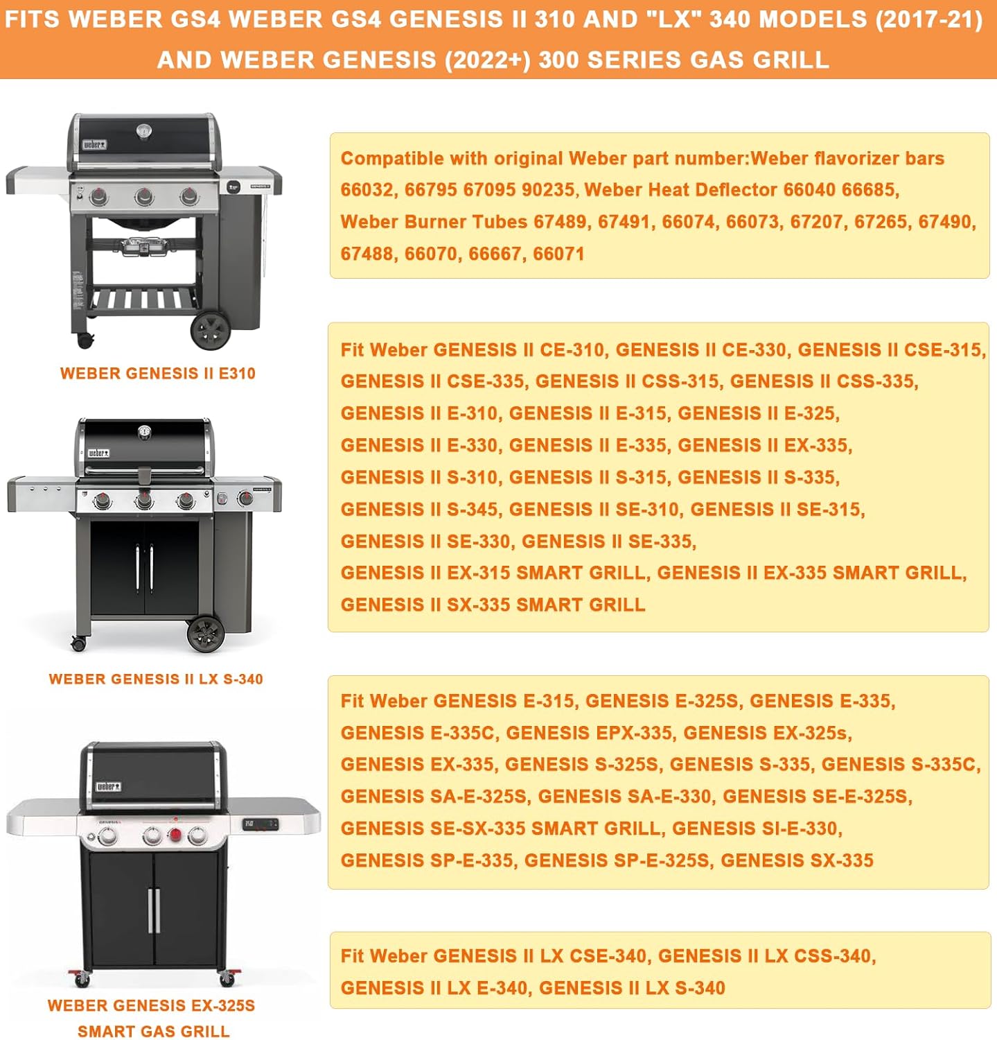 Grill Parts for Weber GS4 Genesis 2 Grill Parts Replacement Genesis II 300 SER, Genesis 2 E-310, E-315, SE335, for Weber 66032 67095 Flavorizer Bars, 66040 66685 Heat Deflector &67489 Burners Tube