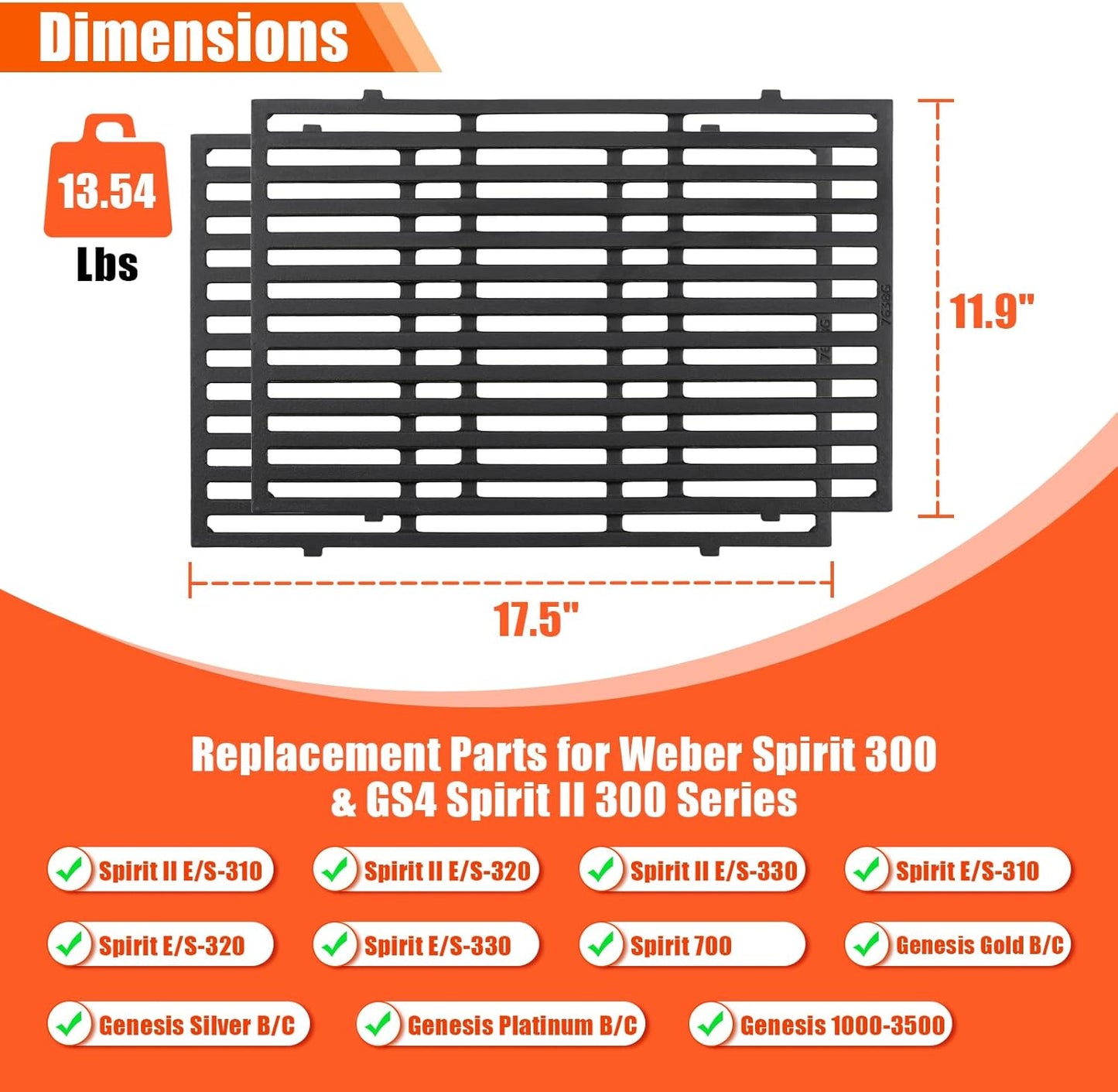 17.5" Grill Grates for Weber Spirit 300 and Spirit II 300 Series