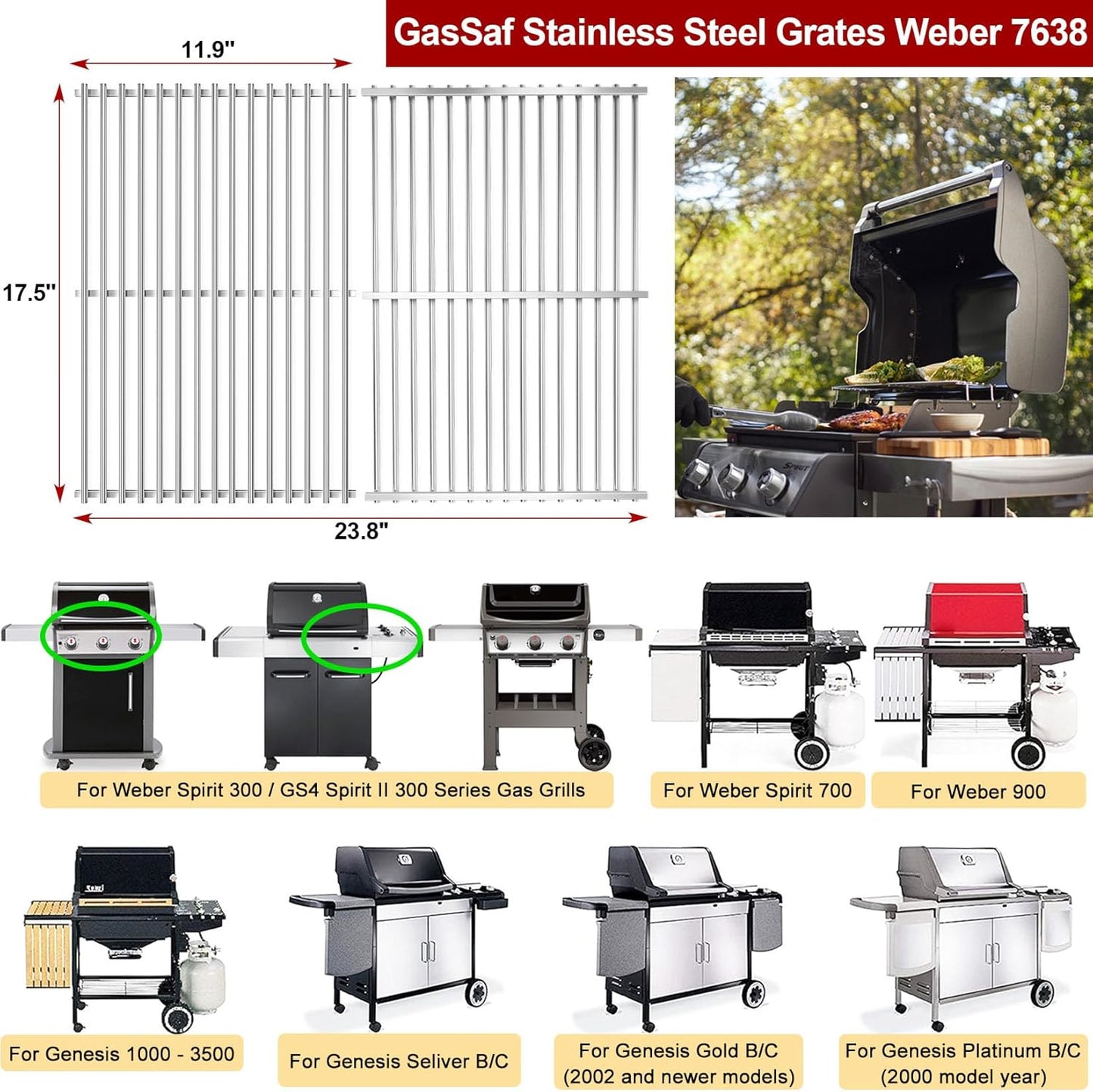 304SS Grill Grates 17.5 for Weber Spirit 300 and GS4 II 300, Cooking Grates 7638 for Genesis Silver/Gold/Platinum B & C, Genesis 1000-3500, Spirit 700, Weber 900, Grill Parts 7639 65906 7525